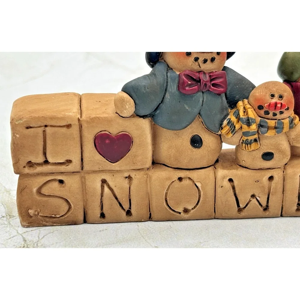 Blossom Bucket I‎ Love Snowmen Block Figurine Suzi Skoglund Resin Vintage